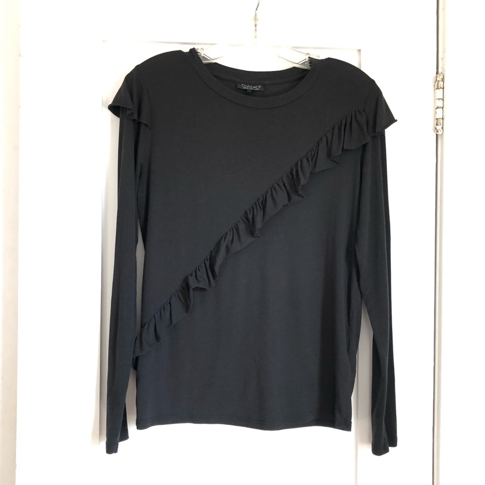 Topshop Black Ruffle Long Sleeve Tee